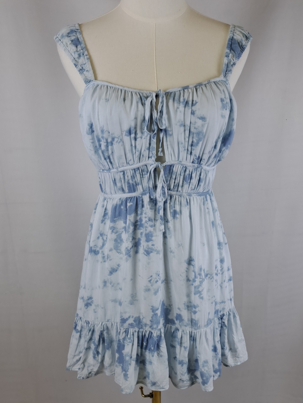 American Eagle Light Blue Tie-Dye Ruffle Mini Dress Boho Coquette Milkmaid Small
